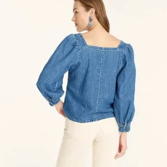 J. Crew Square Neck Chambray Top Puff Sleeves Women's XXS - Picture 2 of 6